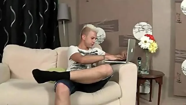 Blonde punk twink strips and strokes to porn