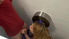 Horny wife Kamikat sucking her hubby's dick in a public bathroom