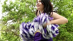 Double facial for cute cheerleader Yhivi after MMF threesome