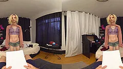 Homemade VR video of a small tits blondie riding in cowgirl