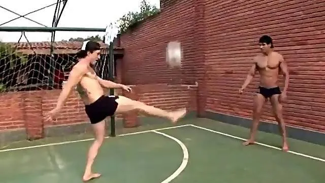 Sporty Latin muscle jock jerks off outdoors