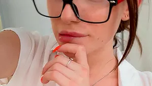 Small tits solo darling Stefany with glasses riding a dildo