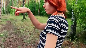 Outdoors video of redhead Elin sucking a fat dick in the woods