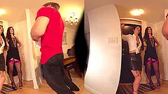 Homemade VR threesome with two sexy babes in high heels and stockings