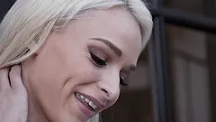 Skinny blonde pornstar Emma Hix gets covered with cum after sex