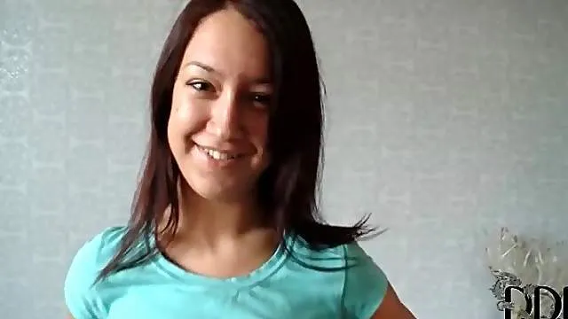 Brunette strips from jeans and cute tee shirt