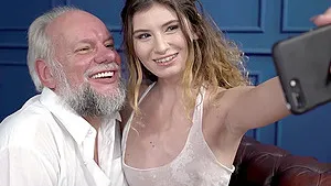 Older man enjoys while cute younger babe Candice Demellza gives head