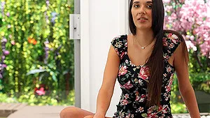 Amateur casting with long hair brunette Aria with shaved pussy