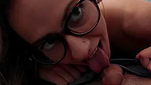 Small tits darling Aurora with glasses gives head and gets fucked