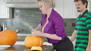 Big tits cougar Dee Williams fucks with her step son in the kitchen