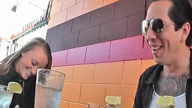 Busty girl brings out her tits at the restaurant