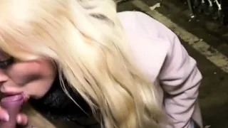 Public ass to mouth in the parking garage with blonde