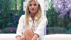 Blonde babe Carter shows her small tits while banging on the sofa