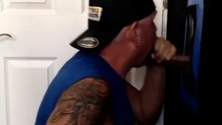 Real tattooed gloryhole DILF sucks cock
