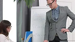 Nerdy girl in glasses cums during hardcore fingering and gets fucked deep