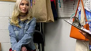 Slim thief Emma Rosie gets caught and offers her tight pussy