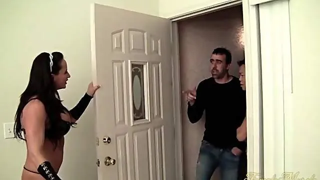 Muscle Girl Uses Two Men