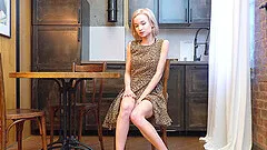 Skinny blondie Monica Gold drops her dress to masturbate on a chair