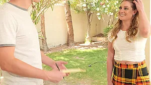 Fucking on the sofa ends with a cumshot for shaved Veronica Weston