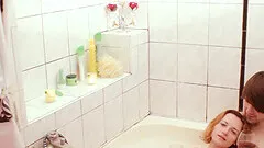 Small tits redhead chick spreads her legs to ride a dick in the bathroom