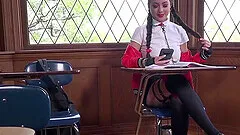 Throated asian teen submissive on a leash gets banged for cum in mouth and face