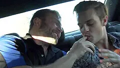 Bear in bi threesome gets cock sucked while riding for cumshot