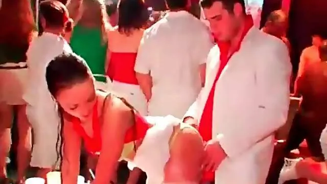 Sex around the club includes interracial action