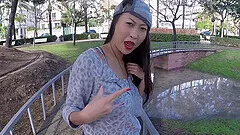 Outdoors POV video of sexy Sharon Lee giving head and flashing