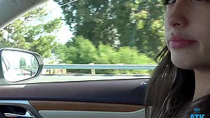 Stranger Mi Ha Doan gets into the car and shows her natural tits