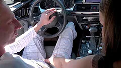 Skinny older dude gets his dick pleasured by clothed teen girl