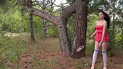 Small tits brunette Cinderella drops her clothes in local woods