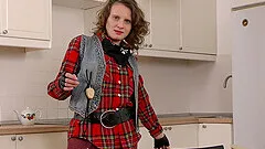 Princess Mustang loves pleasuring her hairy pussy in the kitchen