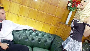 Blonde maid Lou Lou gets a facial after fucking on the sofa