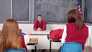 College babes Mazy Mayers and Ava Davis share a hard dick on the table