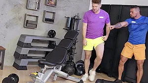 Rough MMF threesome in the gym with brunette Jenny Doll - HD