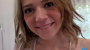 POV video of small tits babe Riley Jean getting fucked on the bed