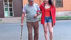 Grandpa enjoys a wild ride with cute young hairy bush teen