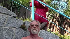 Outdoors FFM threesome with teen Nicole Love and mature Inna