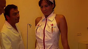 Rough MMF threesome with a horny brunette nurse & her coworkers