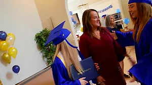 College graduate Alexa Payne gets surprised with two hard dicks