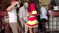 Cute ebony waitress fucked by three clients