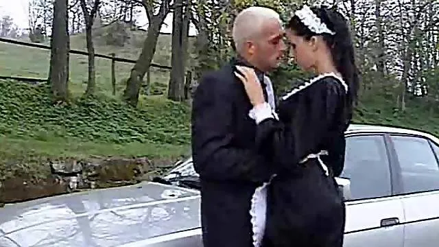 Kissing and fucking the French maid on the car