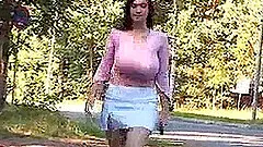 Brunette with huge tits flash on public