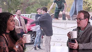 Rough gangbang with Paris The Muse wearing fishnet lingerie