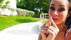 Gorgeous hottie Crystal loves flashing her round fake tits