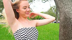 Cute blonde babe Dixie loves flashing her pink taco in outdoors