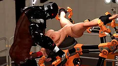 Hot beautiful brunette in restraints gets fucked by a big monster fucking machine