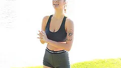 Angel with nice natural boobs loves teasing strangers in public