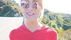 Adorable blonde babe Maxim flashes her boobs and inserts a buttplug