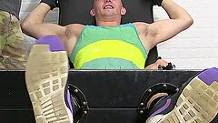 Skinny dude tied up and undressed during a feet massage and licking